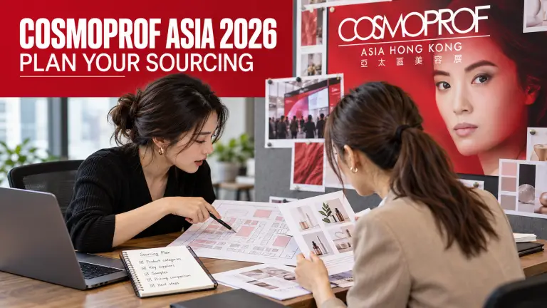 美容採購團隊規劃 Cosmoprof Asia 2026 參觀行程（AI 示意圖，非展會實拍）