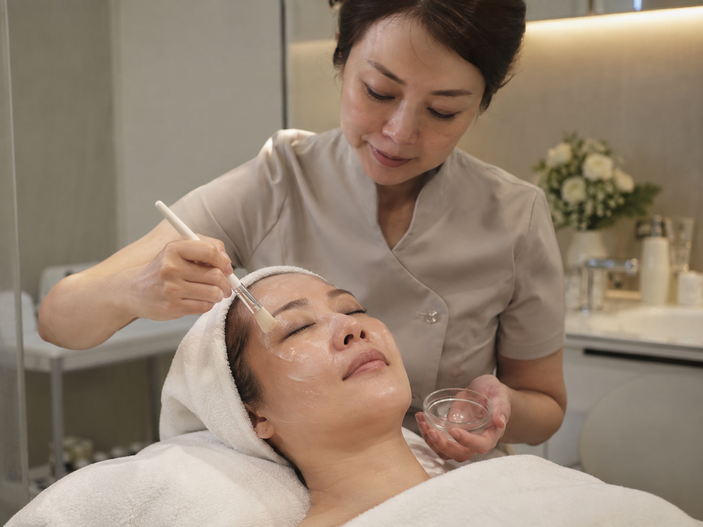 Illustrative photograph of Hong Kong Chinese skincare therapist treating a mature female client