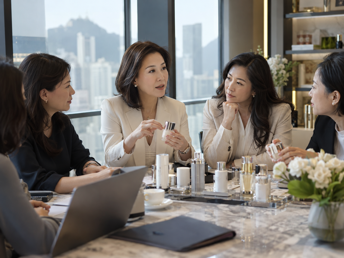 Illustrative photograph of Hong Kong Chinese female professionals discussing skincare brand development